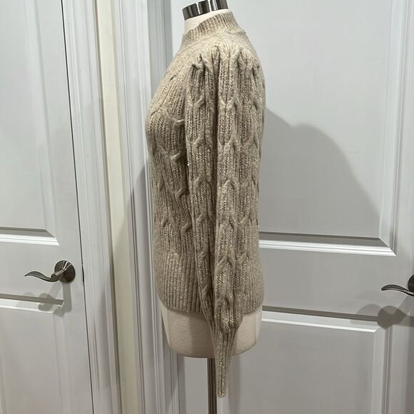 NWOT Express Metallic Sweater Puff Sleeve Gold threading Open Stitch Size Small - Picture 9 of 16